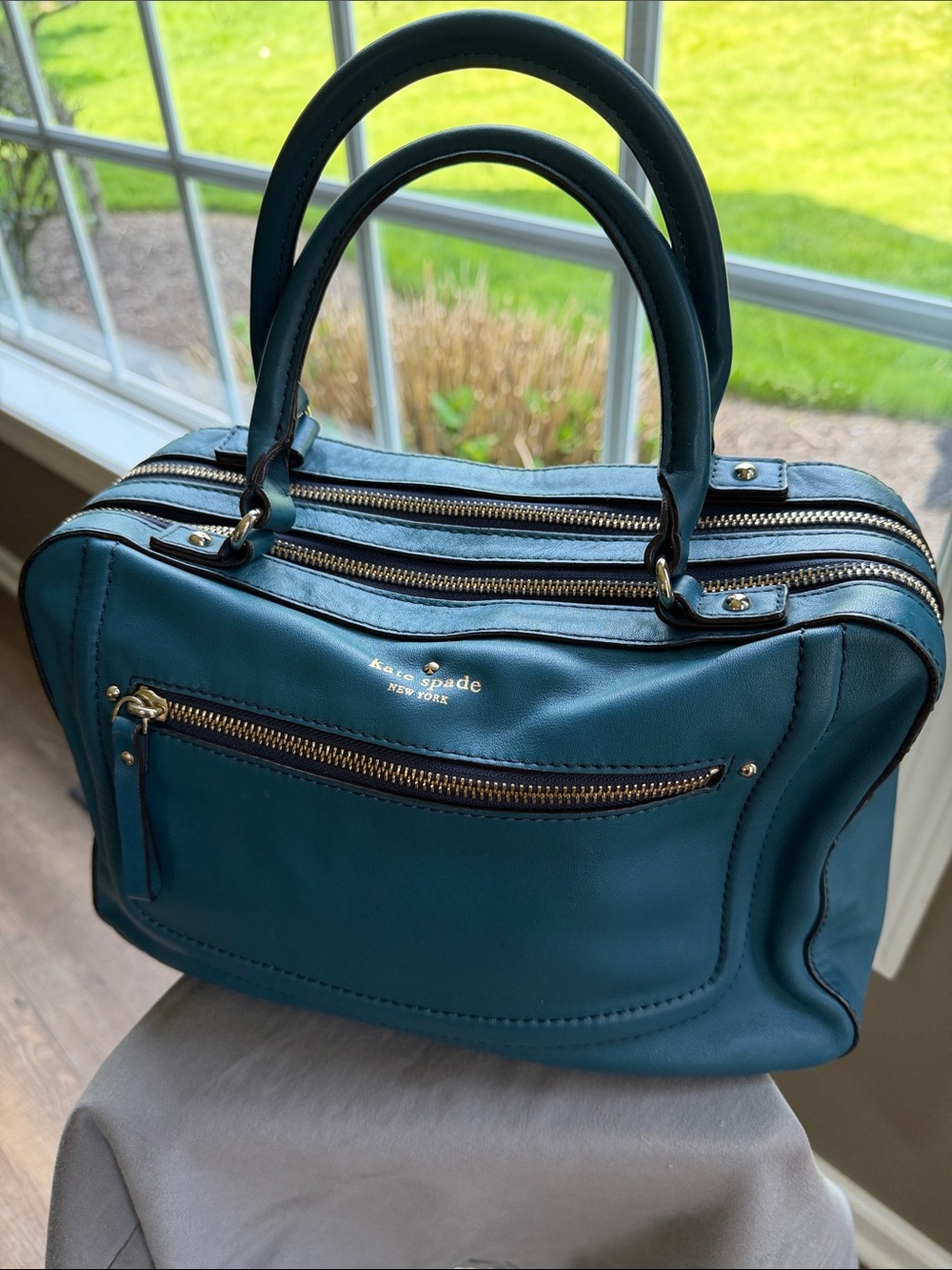 kate spade teal leather double-zip satchel